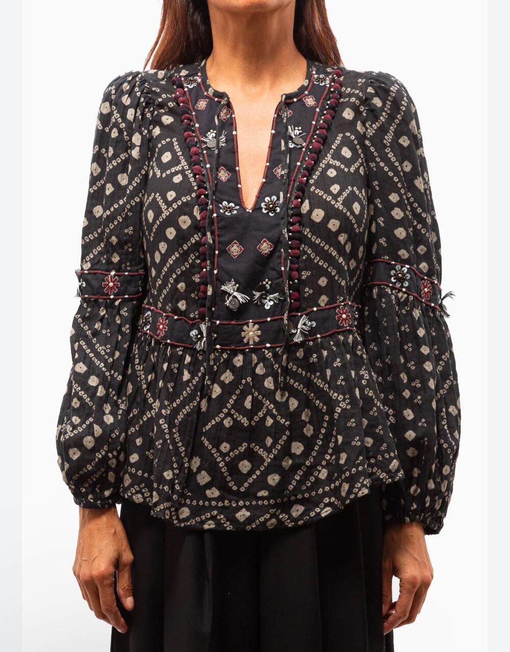 Sea NY Maja Embroidered Long Sleeve Top Black Boho Medium